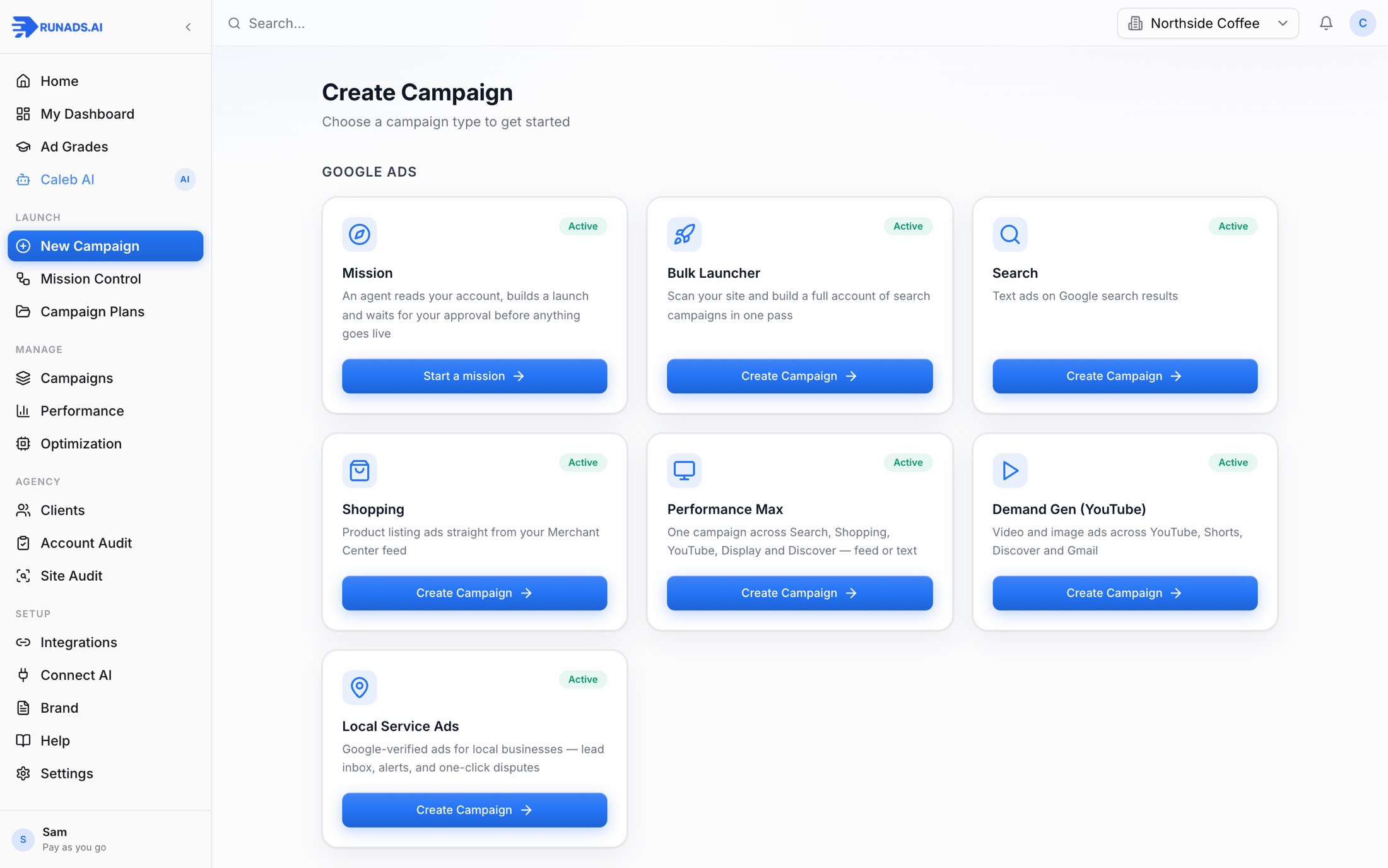 The RunAds Create Campaign screen: Mission, Bulk Launcher, Search, Shopping, Performance Max, Demand Gen and Local Service Ads